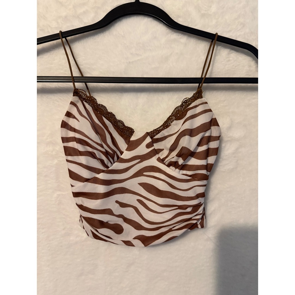 Princess Polly Zebra Print Lace Trim Crop Top Brown White Camisole Size 0
